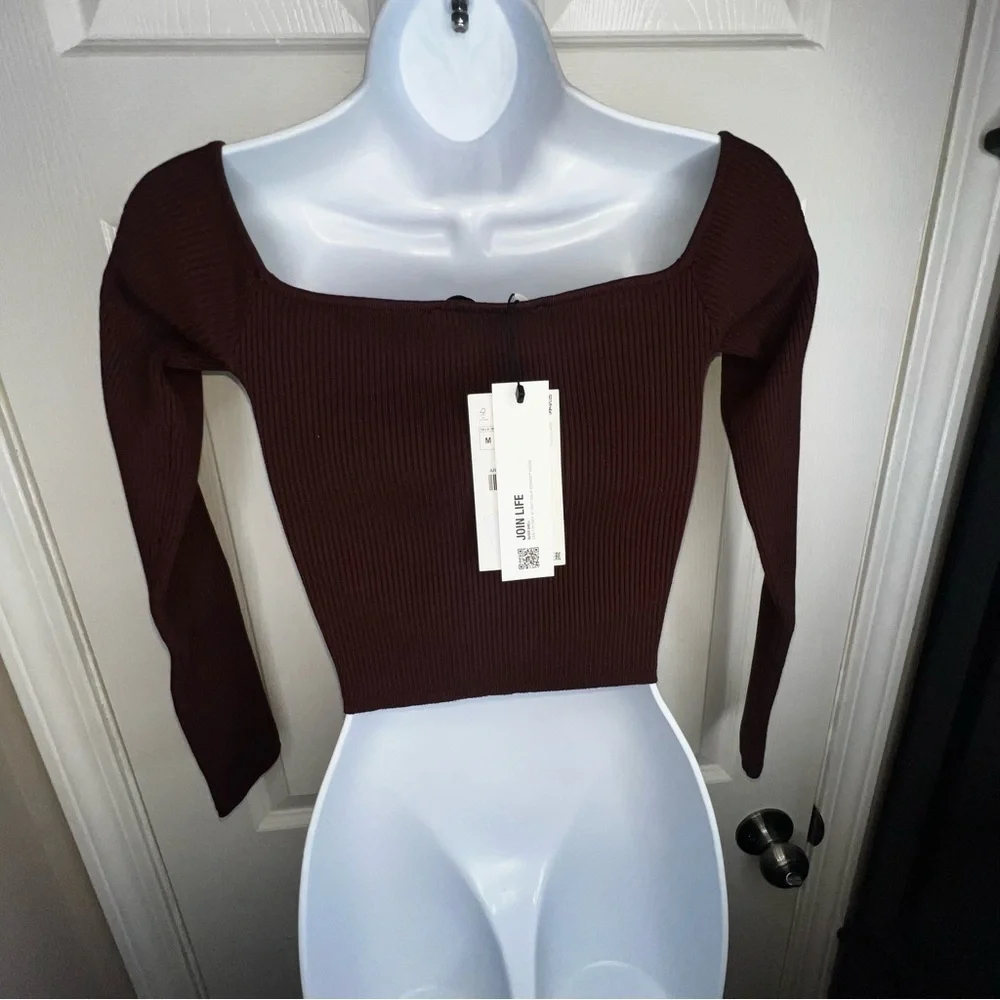 NWT Zara Women’s Medium Brown Rib Knit Off Shoulder Crop Top Sweater M